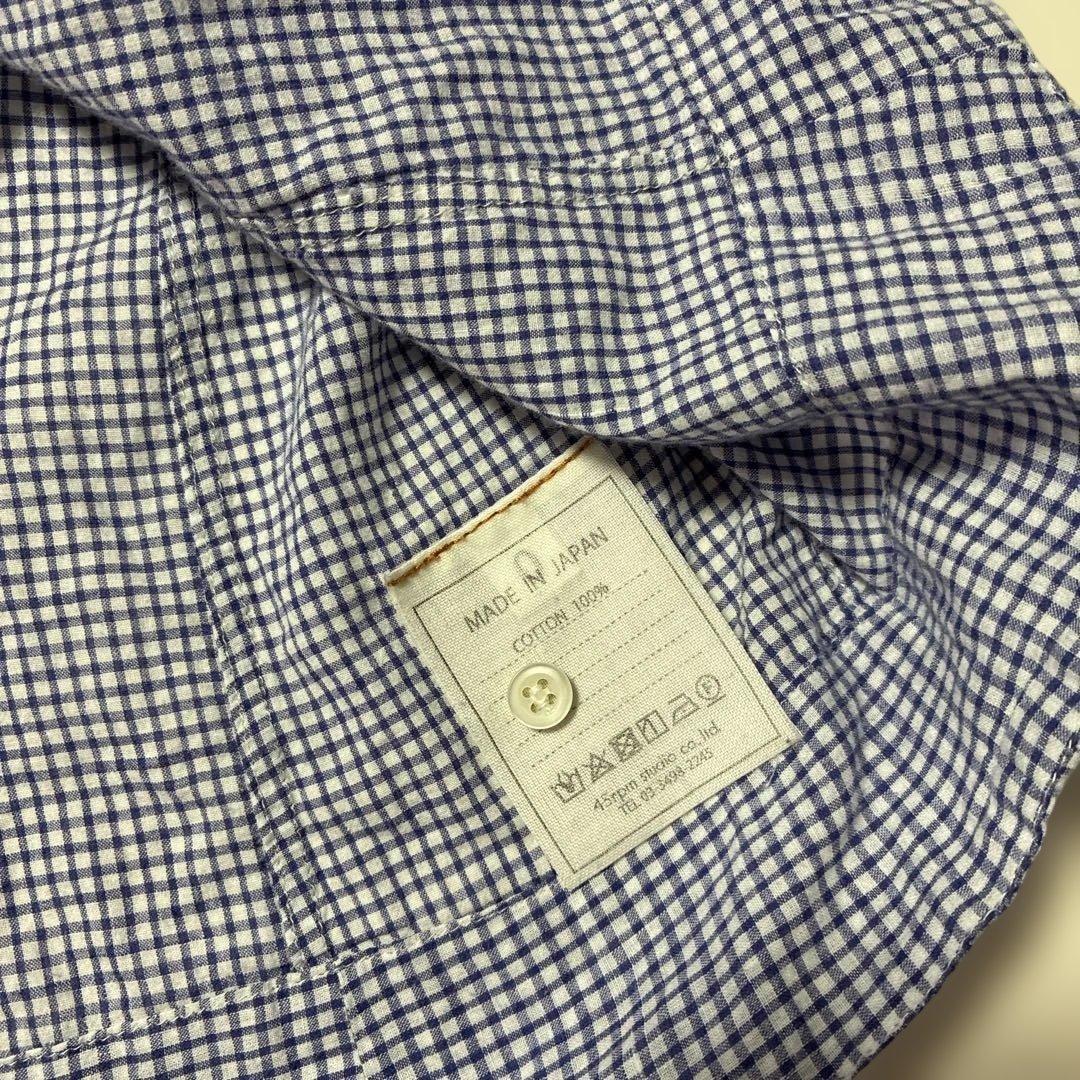 45R青と白のチェック柄長袖シャツ