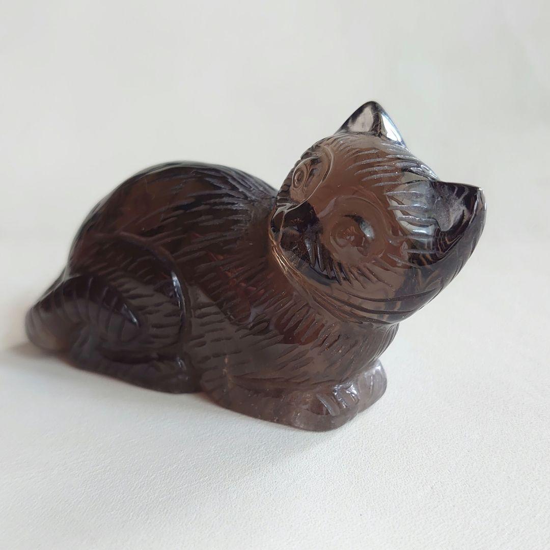 ★手彫り一点物、スモーキークォーツネコ　置物　素晴らしい手仕事　素敵な逸品