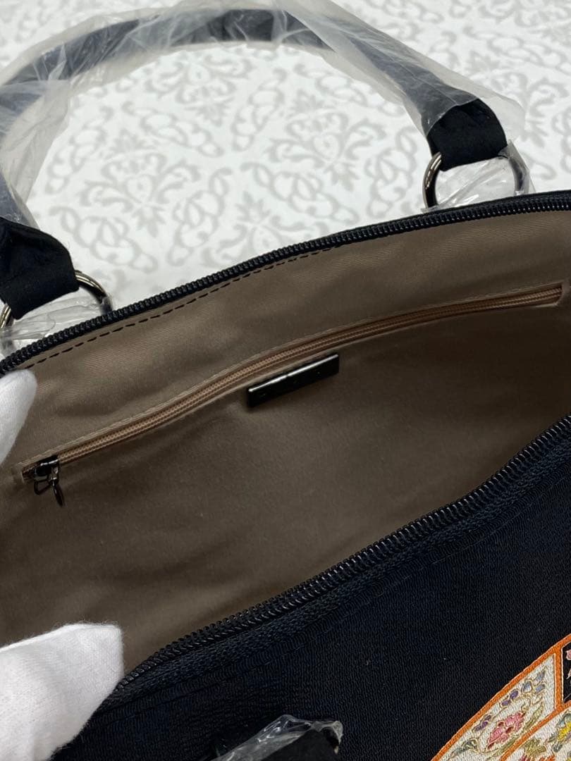 岡重謹製 未使用品 OKAJIMA バッグ 京友禅 金彩 絵皿文様 正絹 黒色