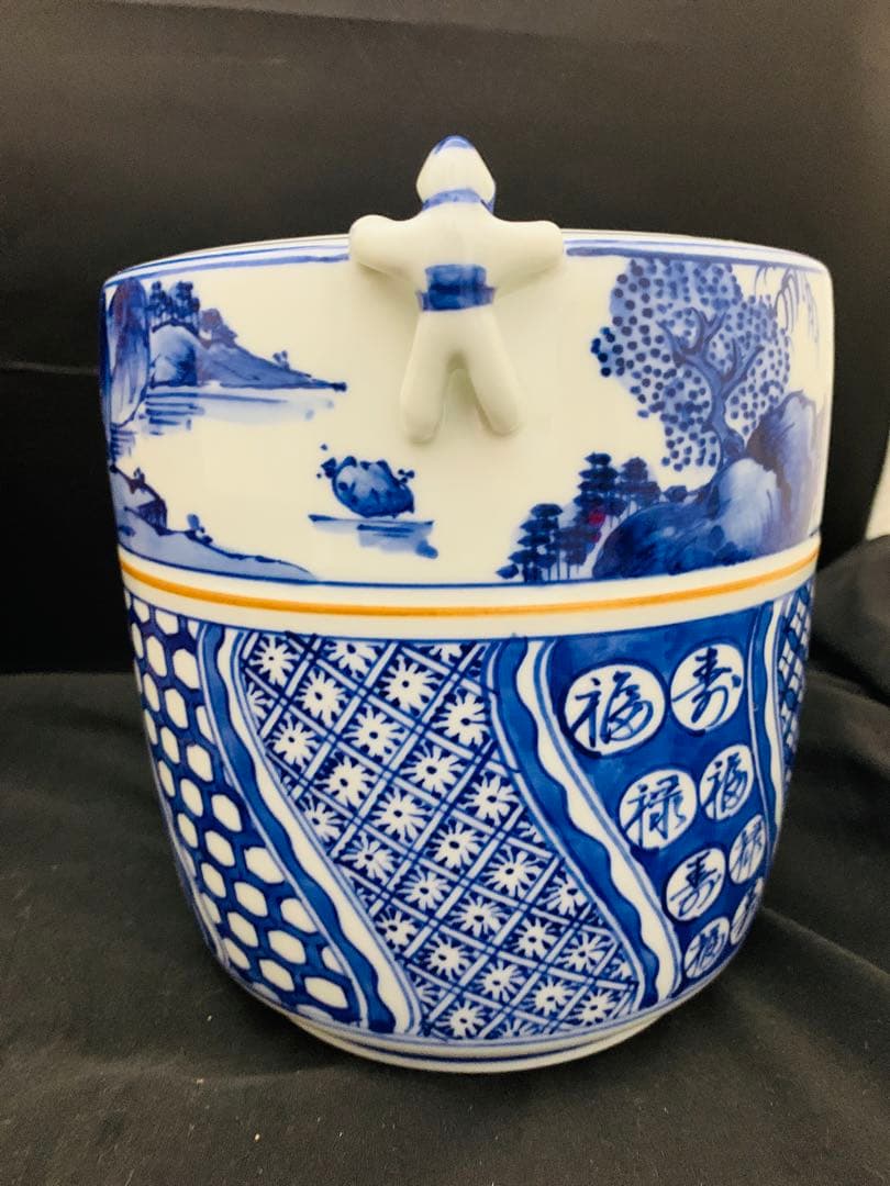 桃山窯　橋本喜泉　染付二宋神　唐子　水指　茶道具　栞黄布共箱付き