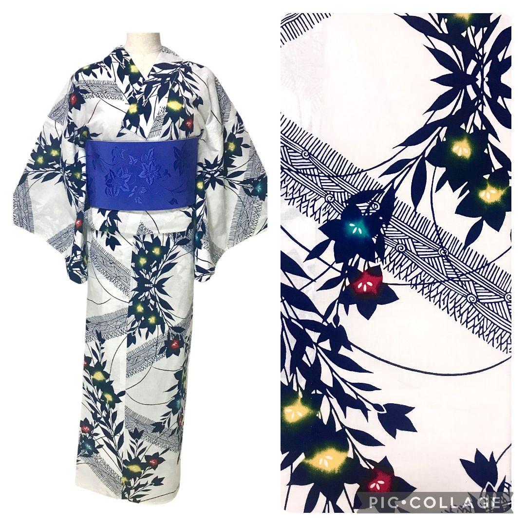 【浴衣】斜め変わり縞に桔梗模様 　注染　白地 　紺　粋　レトロモダン　古典 綿