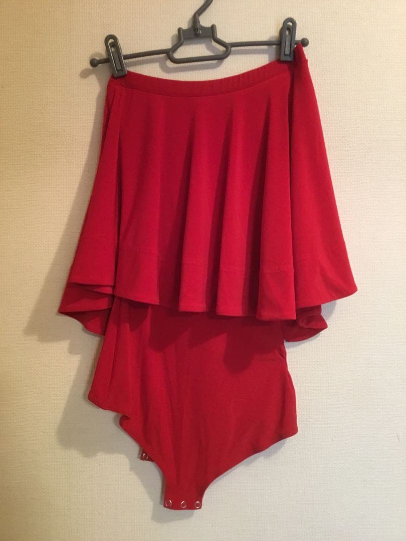 FD ワンショルダー赤いフリル付きレオタード　社交ダンス　7号