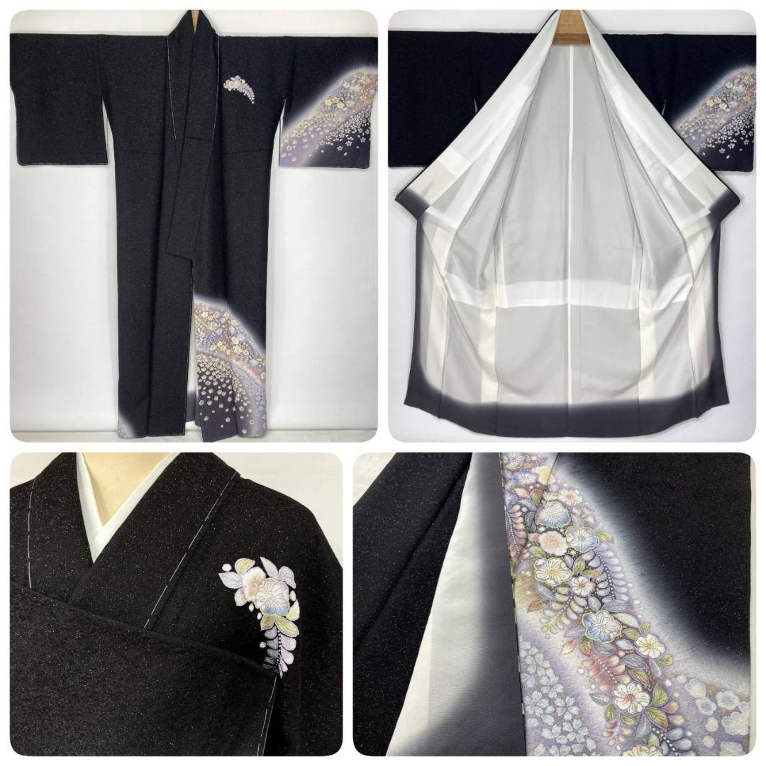 未使用 辻が花 絞り 銀通し 訪問着 正絹 袷 黒 紫 パステルカラー 1373