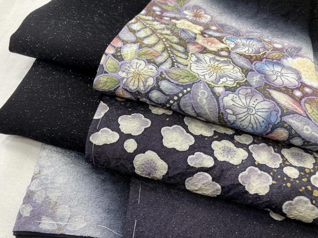 未使用 辻が花 絞り 銀通し 訪問着 正絹 袷 黒 紫 パステルカラー 1373