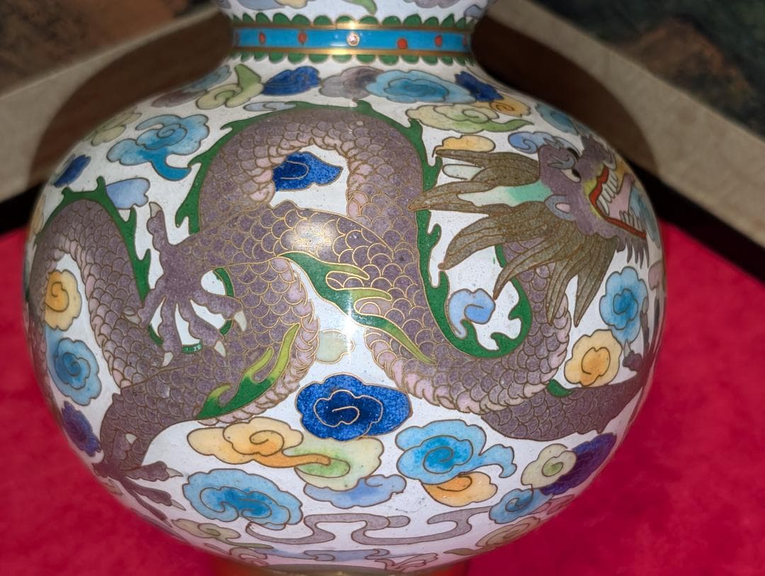 古美術　飾り壺　花瓶　一輪挿し　七宝　瓢箪　雲龍絵　レア　台付