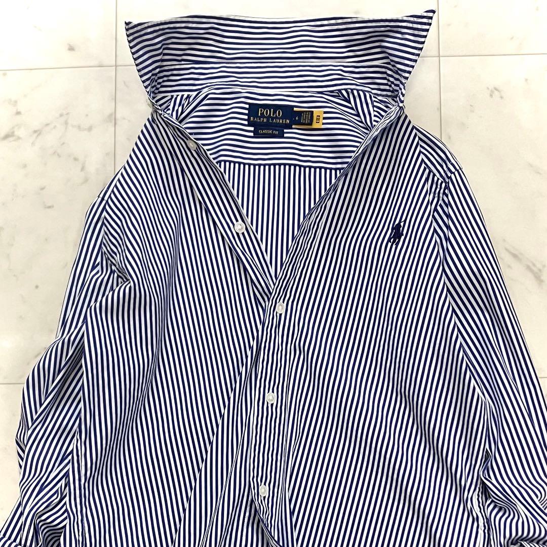 極美品 ポロラルフローレン ストライプシャツ ホース刺繍 QR ブルー