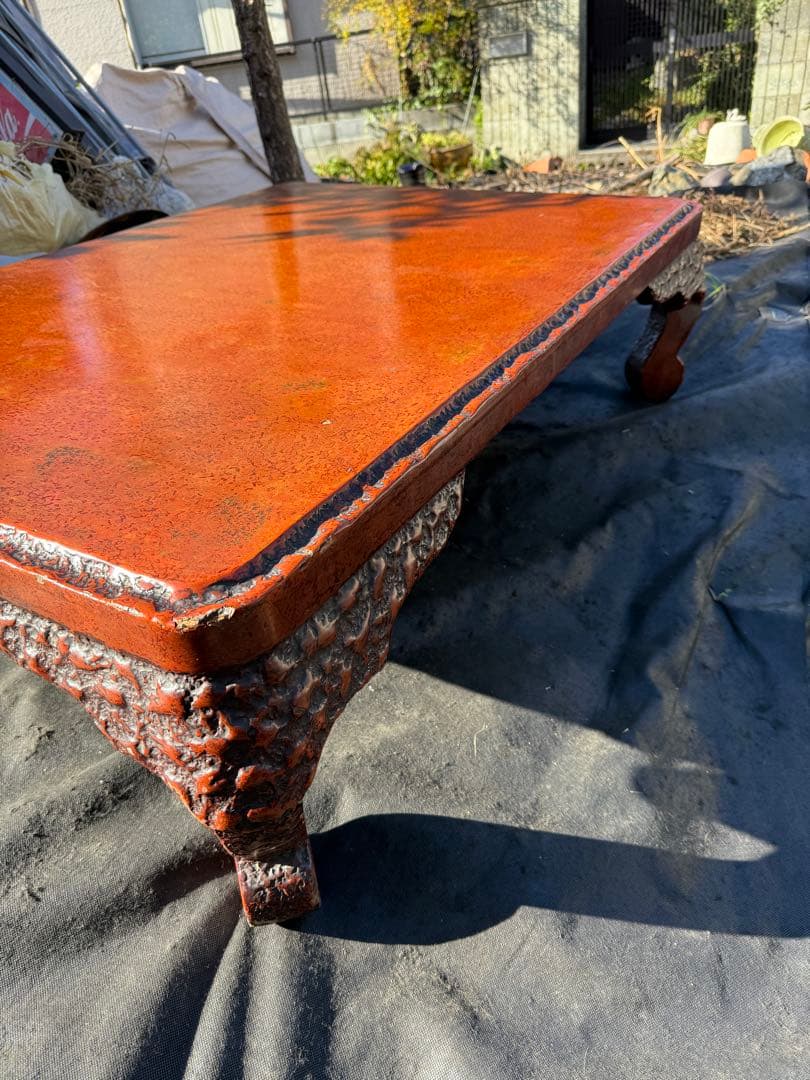 引渡限定！根来塗 座卓 古民具 民芸家具 和家具 朱漆 剥離美 天板クラック有