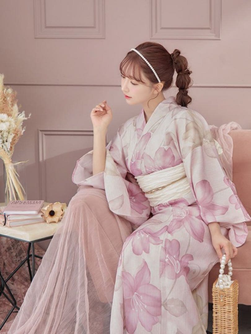 sugar 大人スウィート/ピンク地x百合浴衣　浴衣・帯・下駄+☆兵児帯付き☆