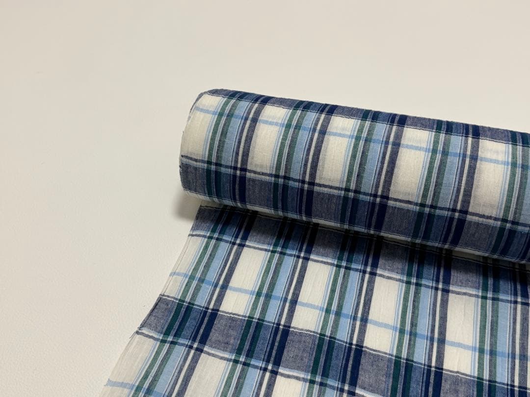 新品　夏物 近江ちぢみ 反物 麻 綿 日本製 川口織物　格子ストライプ　ブルー