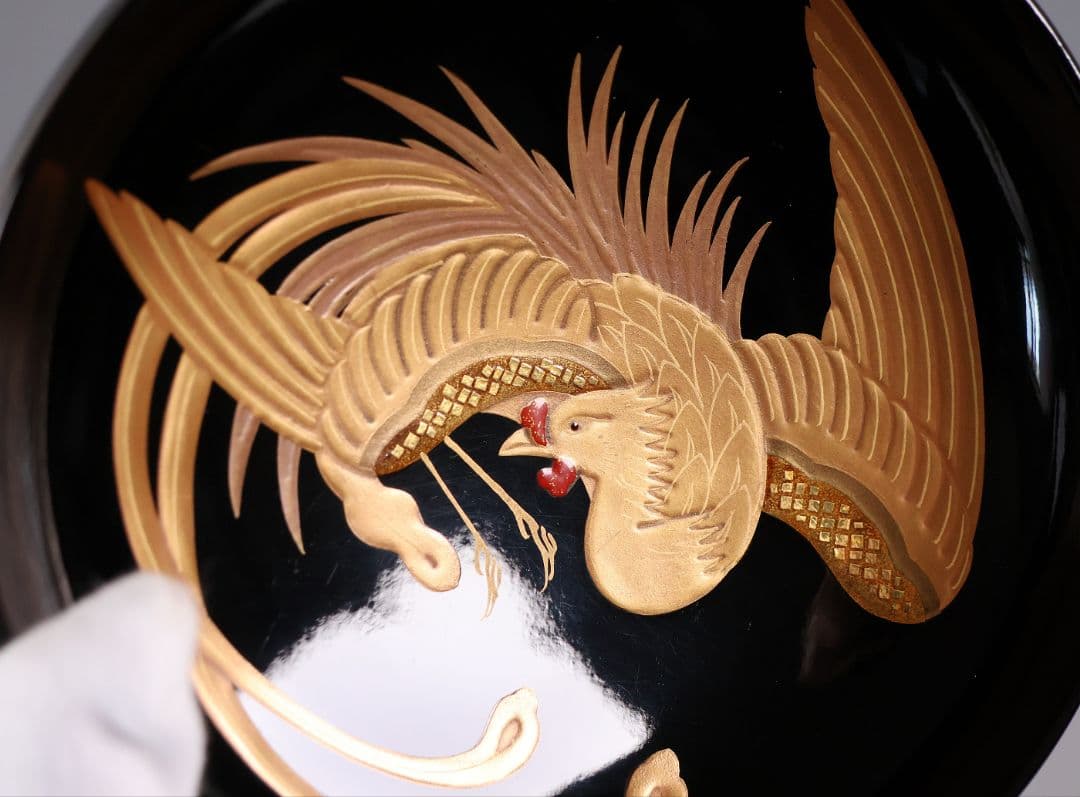 【CM402】天然木漆塗 菊桐鳳凰金蒔絵 黒塗 吸物椀 五客 昭和期 木製漆器