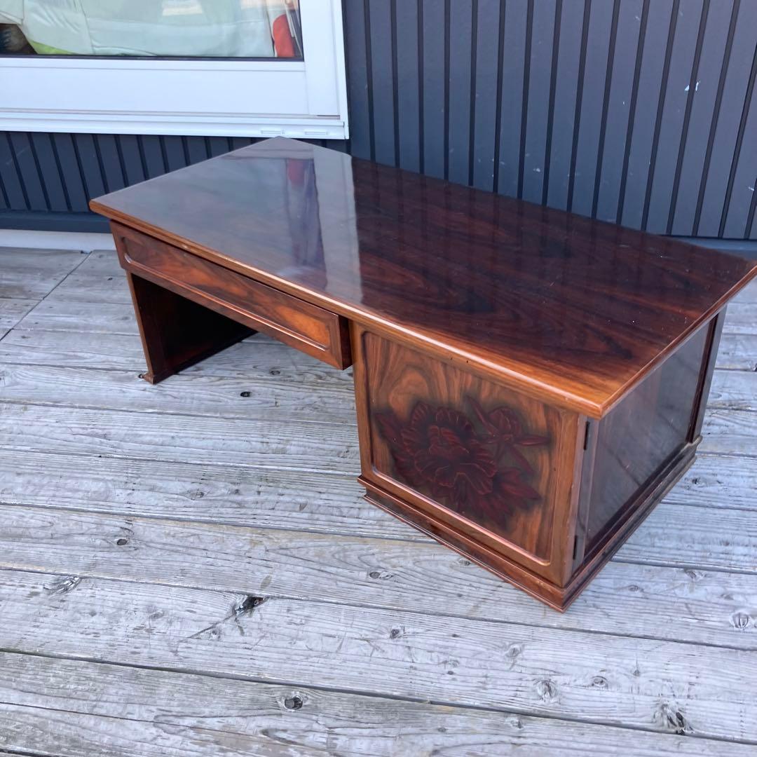 昭和レトロ 古家具 花柄彫刻 木彫り 木製文机 引き出し付き座卓 書斎机 古道具