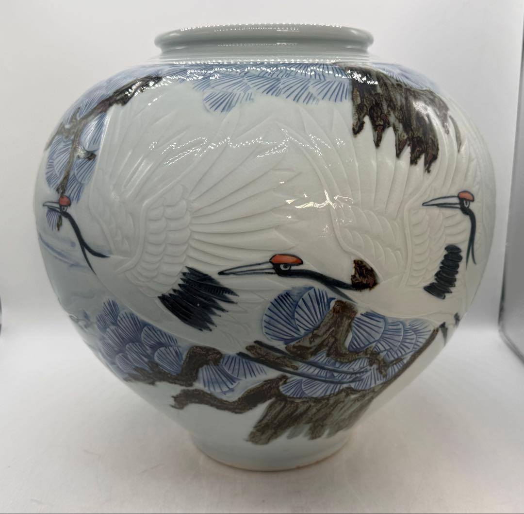 東岩　青華辰砂釉雲鶴紋大壺　浮き彫り模様　送料込み260124