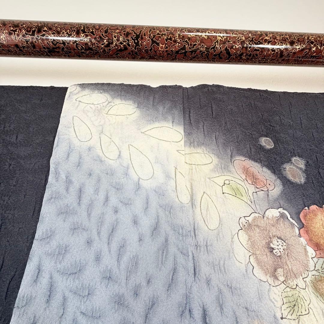 超美品　正絹　袷　訪問着　付け下げ　着物　辻ヶ花　膨れ織　黒　墨色　162裄69