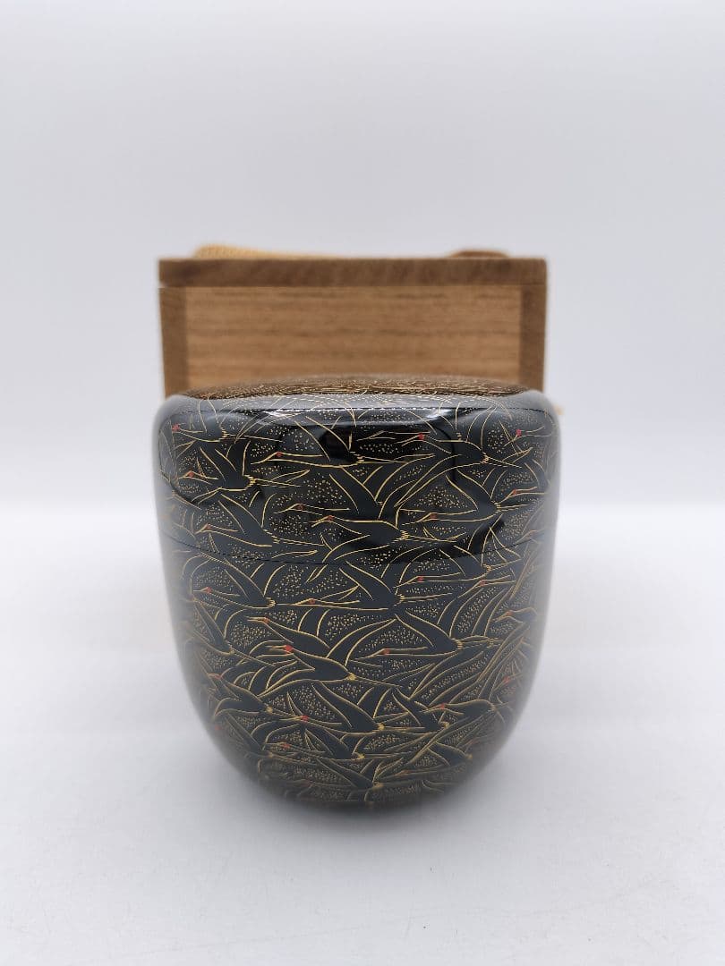 c452 大棗 沈金千羽鶴之図 前志芸男 木箱 茶道具 古物