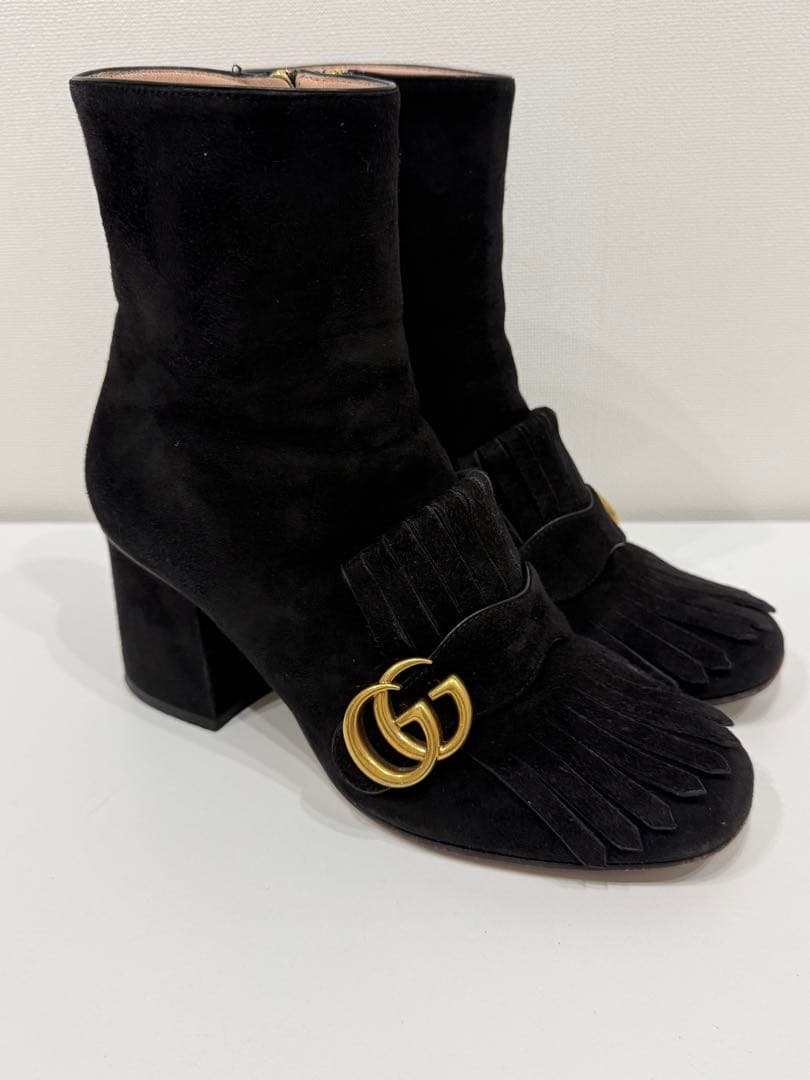 グッチ　ショートブーツ マーモント スエード フリンジ　ブラック サイズ38