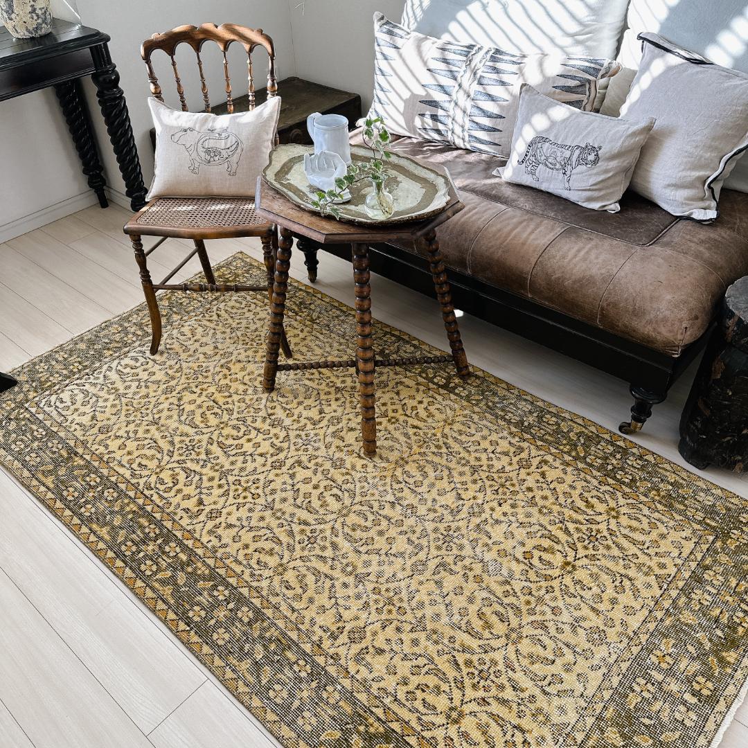 トルコ ヴィンテージラグ A130 イエロー オリーブグリーン オーバーダイラグ