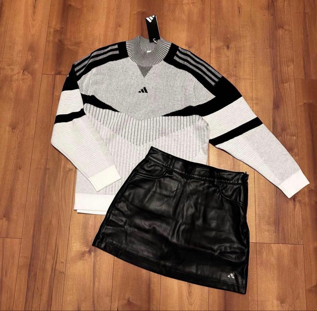 モックネック　ビックシルエット　長袖　ニット　レザースカート　セットアップ　春秋