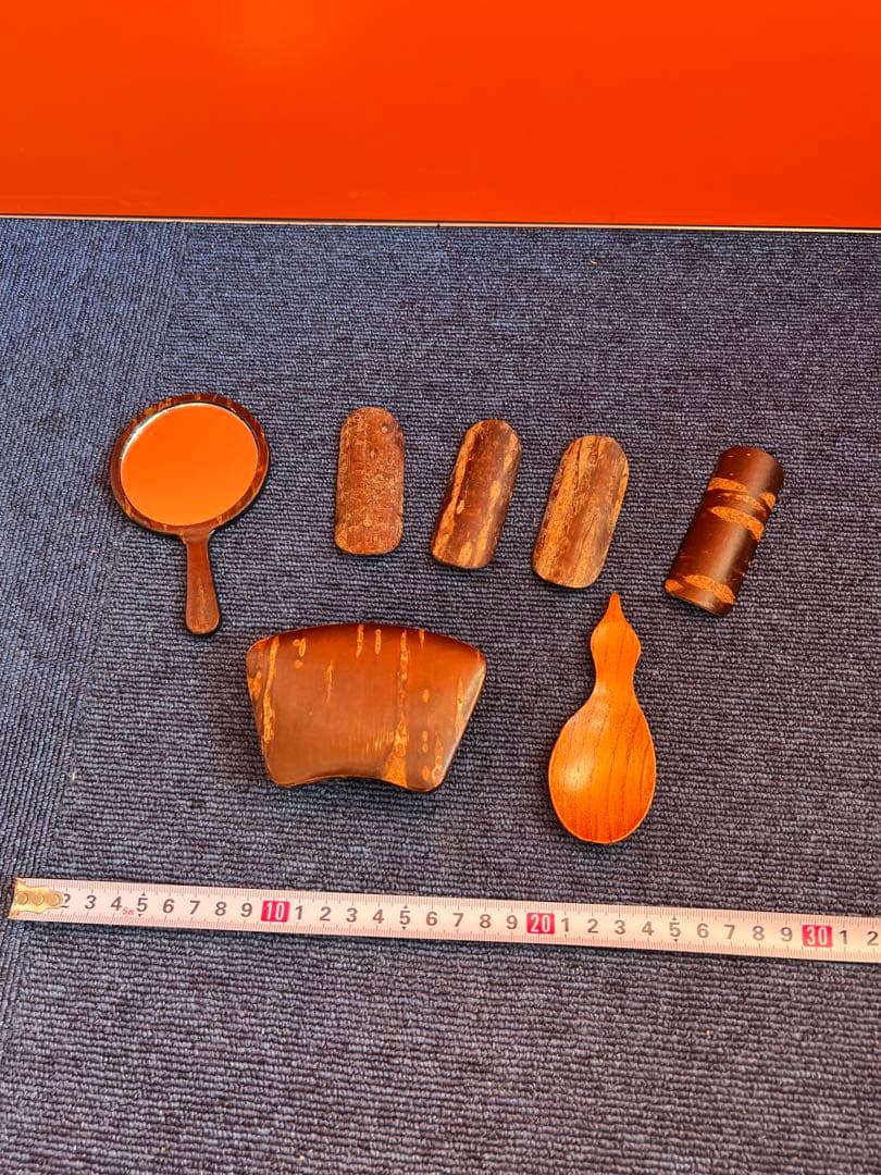 1248 桜皮細工 小物入れ2客 匙付き5客　鏡1 客　木地　未使用