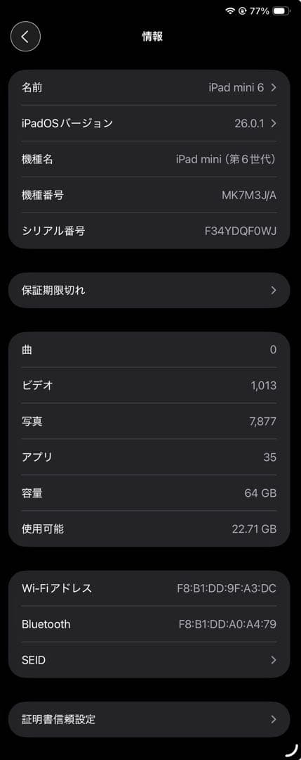 iPad mini 第６世代 グレー 64GB wifi バッテリー90%