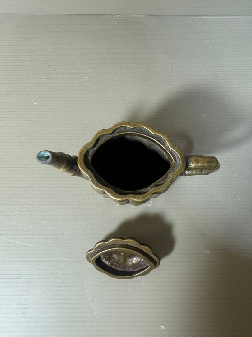 2357 中国骨董　乾隆御製銘　金銅竹節　急須　時代物