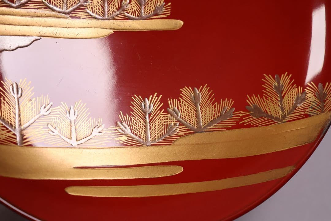 【CM228】木製漆器 若松と梅 金蒔絵 朱塗 引盃 五客 天然木 盃 杯 懐石