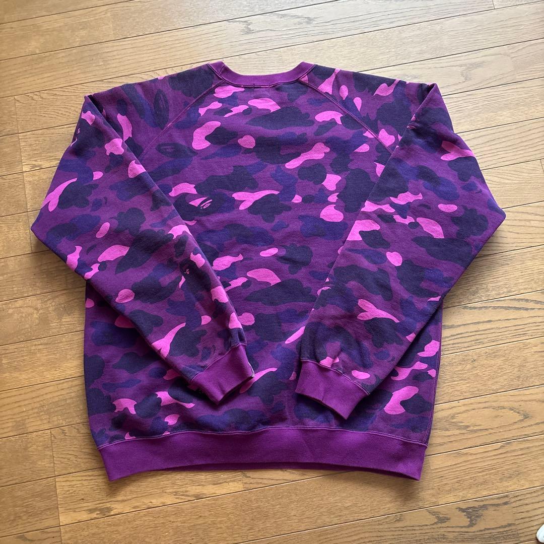 APE BAPEロゴ　ラインストーン　カモ柄　トレーナー　　パープル/L