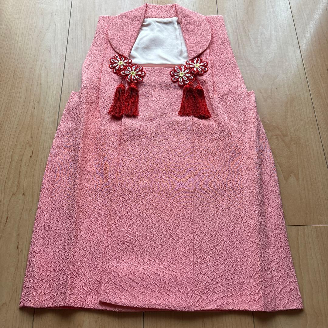60 正絹？　真紅×小花柄　七五三着物セット　被布　3歳　日本製