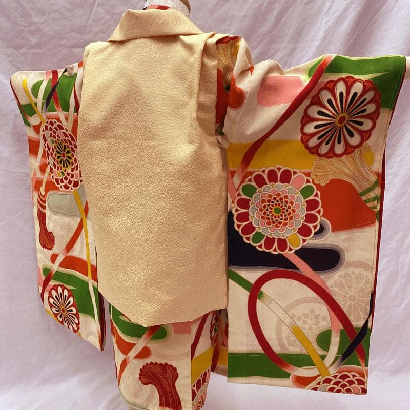 508ag76◎七五三 三歳 女の子 アンティーク着物&被布 レトロ 淡素色◎