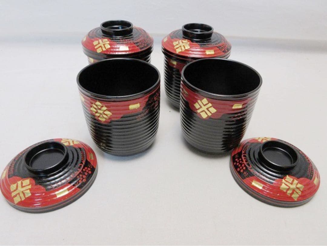 未使用 懐石道具 金彩梅正法寺蒔絵 箸洗い 4客組 木製漆器 小吸物椀