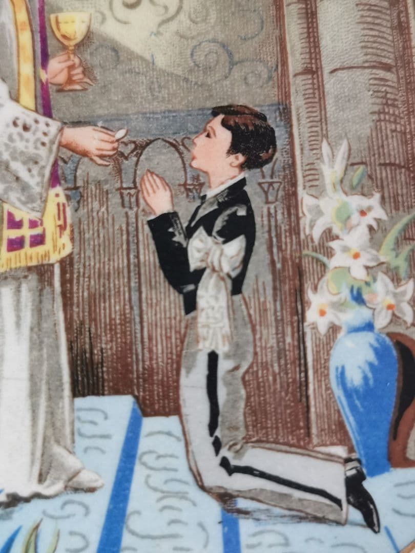 アンティーク ベルギー ボッホ 少年の初聖体拝領記念プレート 飾り皿 ワイヤー付