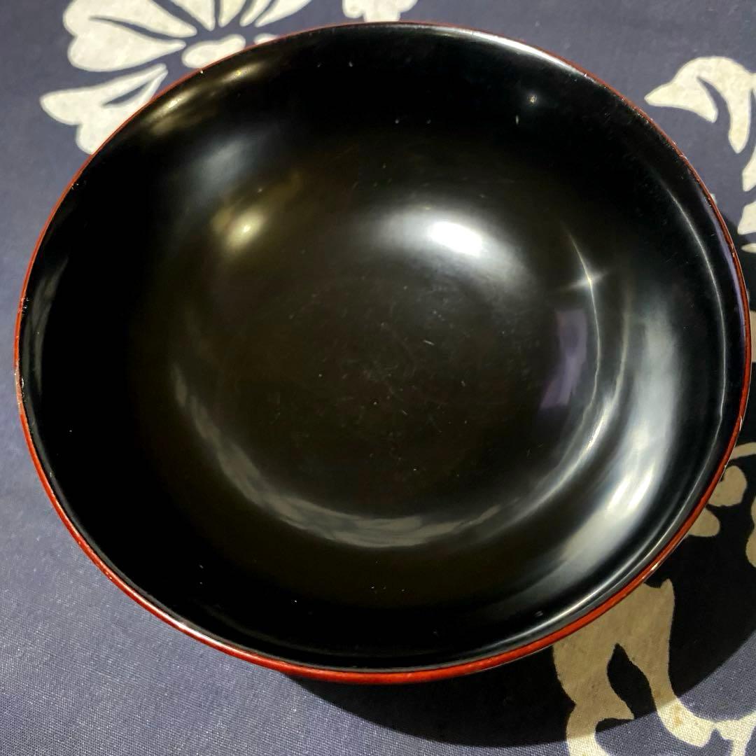 大正時代物骨董　天然木製漆器椀　梅柄金蒔絵・螺鈿　外朱内黒　菓子椀・雑煮椀　二客