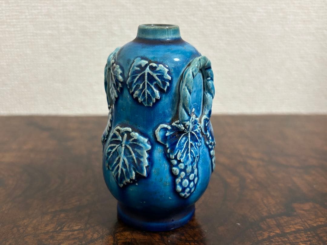 李朝　総瑠璃釉 葡萄文小壷 /骨董 古美術 壺 茶道具 唐物 染付 古玩