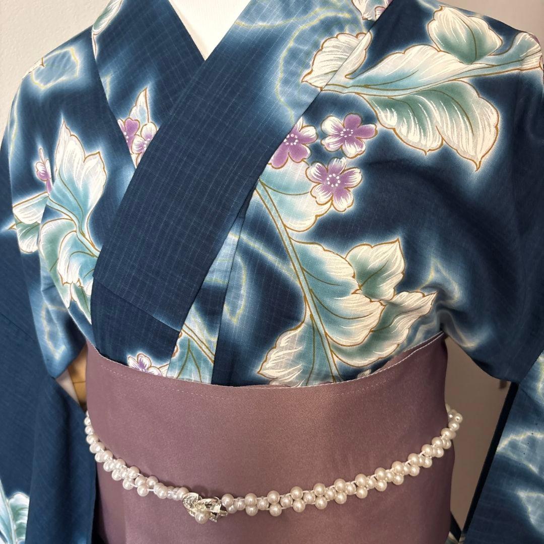 【未使用近い美品】 綿絽浴衣 単品 夏の風情◆上品な紺地×花模様◆希少裄丈長め