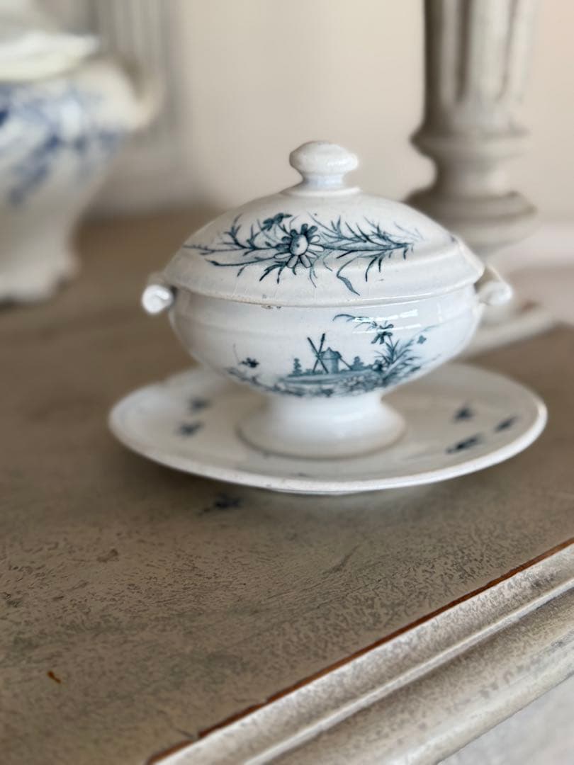 フランスアンティーク陶器ジアンGien小鳥と水車模様のムタディエマスタード入れ