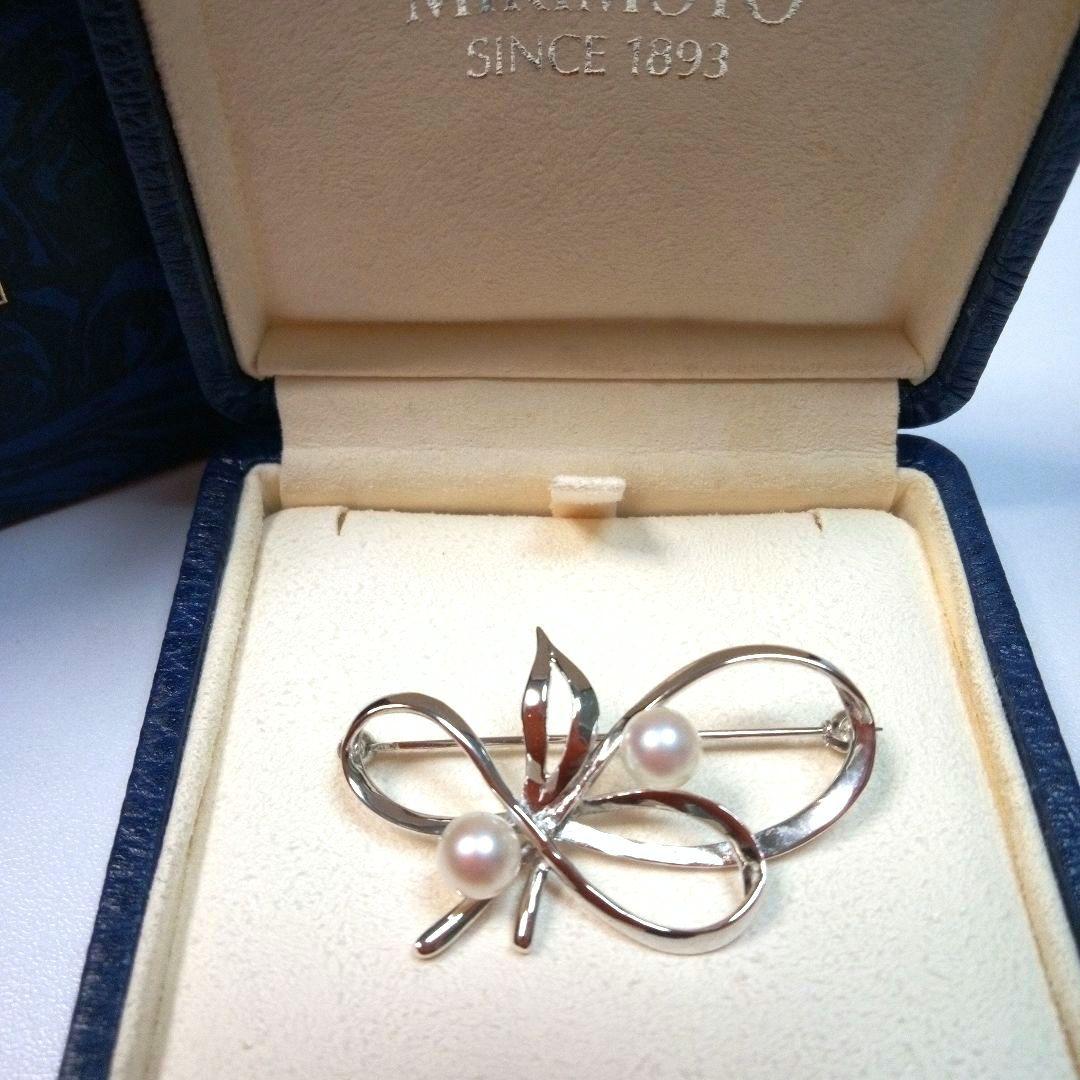 MIKIMOTO ヴィンテージ シルバー パールブローチ リボンリーフ