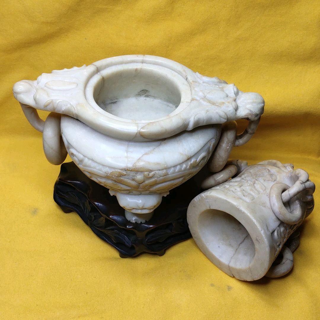 玉石彫刻 遊環香炉 木彫り台 共箱 石細工 アンティーク 旧家蔵出 風水グッズ