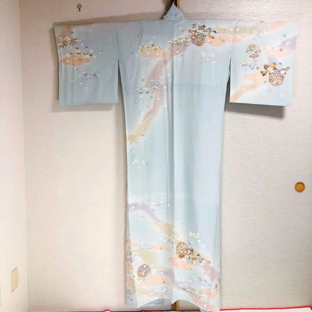 【美品　トールサイズ】京友禅　訪問着　水色　裄丈72.5 身丈173
