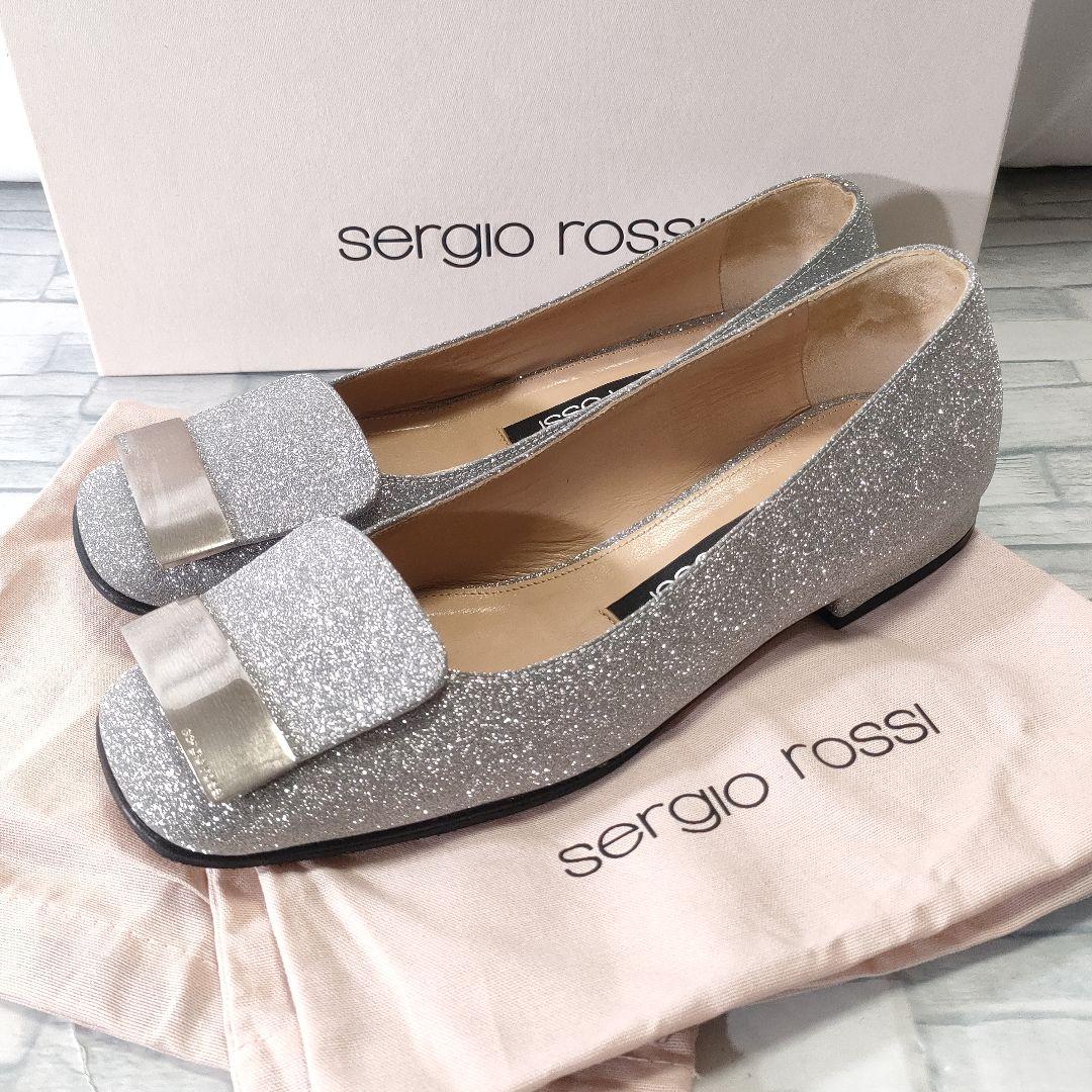 箱保存袋付き美品✨セルジオロッシ　グリッターフラットパンプス　シルバー　36.5