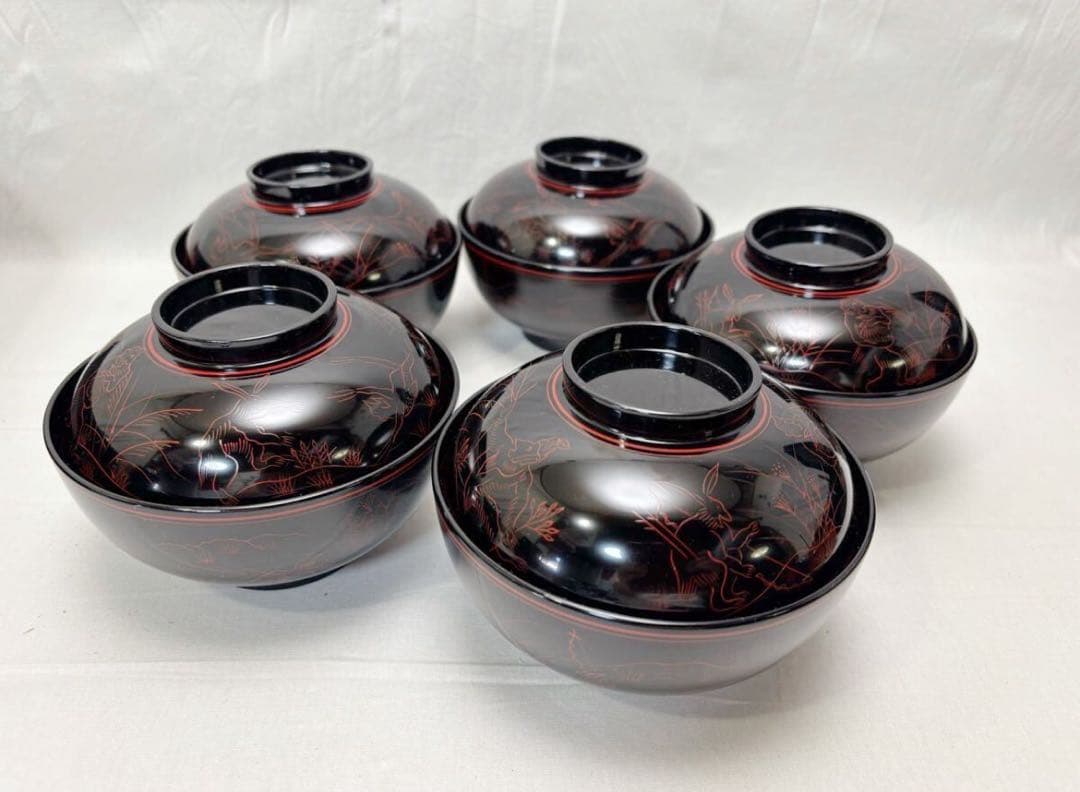 美品 懐石道具揃え 一式 黒塗 五客揃 利休形 共箱