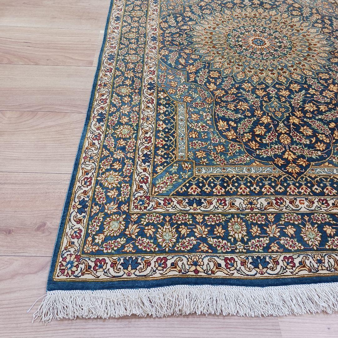 専用Y3144 高級ペルシャ絨毯 クム産 工房サイン シルク100% 手織り