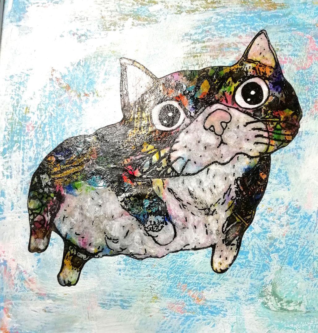 銅版画応用絵画　title「プカプカ猫Neo」