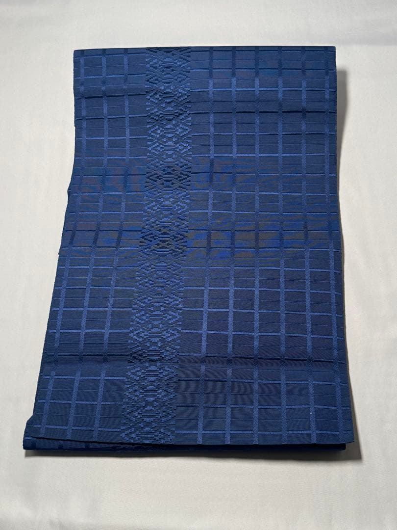 [美品] 本場筑前博多織　名古屋帯　正絹　市松　献上　博多帯　紺　青　小紋　紬