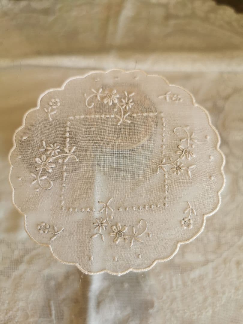 アンティーク シアーなピーニャクロス 小花の手刺繍 フラワーリムプチドイリーα