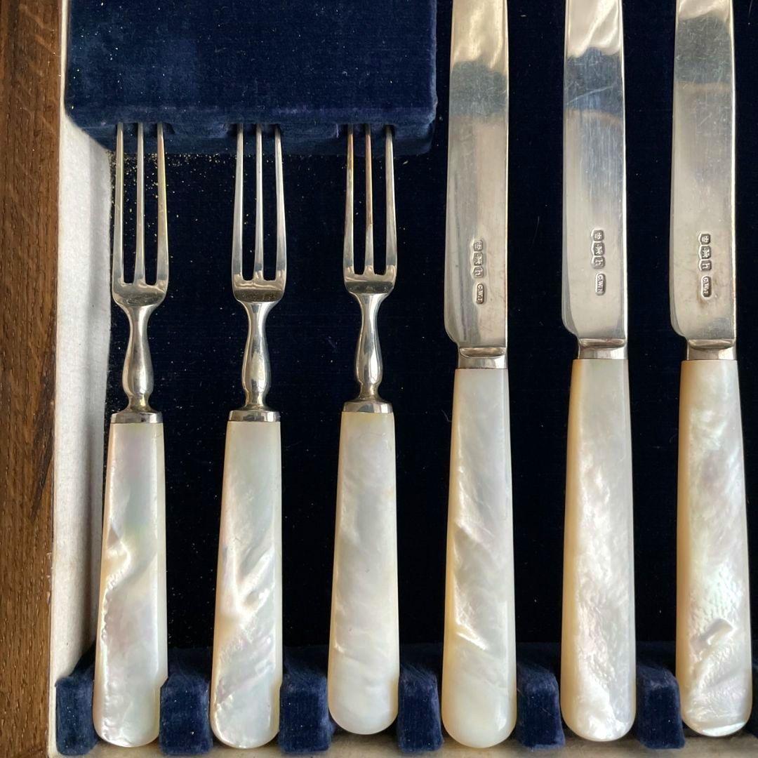 スターリングシルバー　銀製　白蝶貝　デザート用カトラリーセット　アンティーク