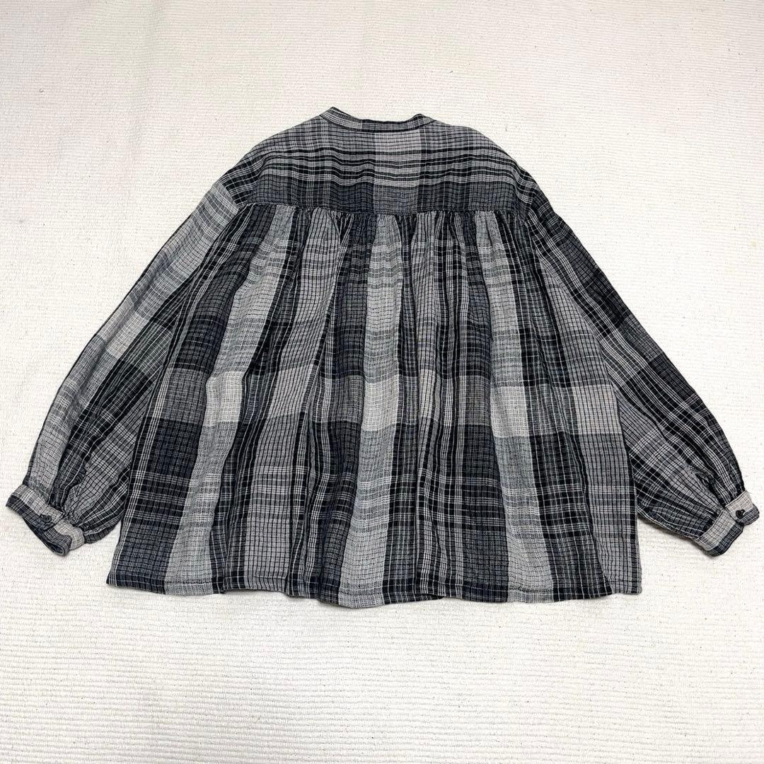 イチアンティークス　リネンギャザーブラウス　ワイド　バンドカラー　洗える　日本製