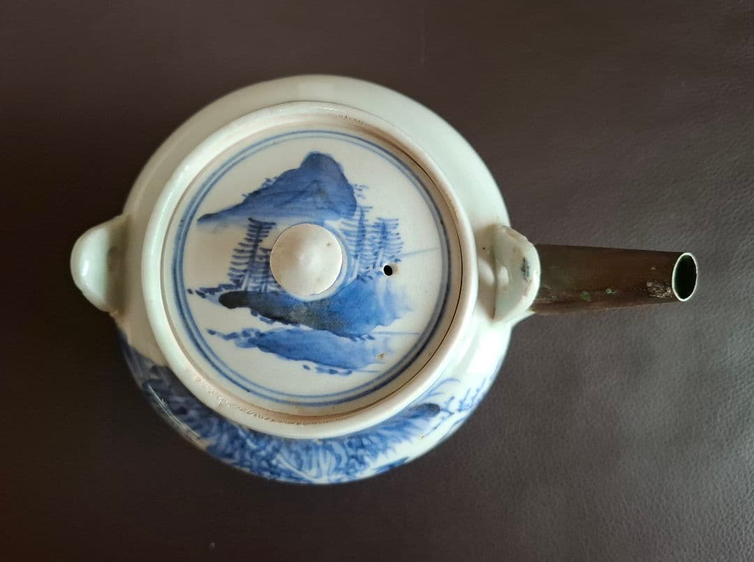 幕末　切込焼　染付山水文急須