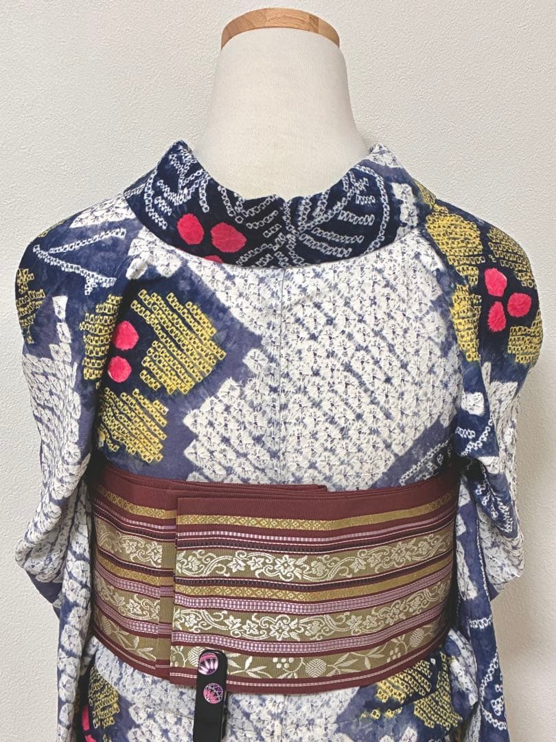 8の日セール　浴衣　有松鳴海絞り　赤い実の植物　裄67cm