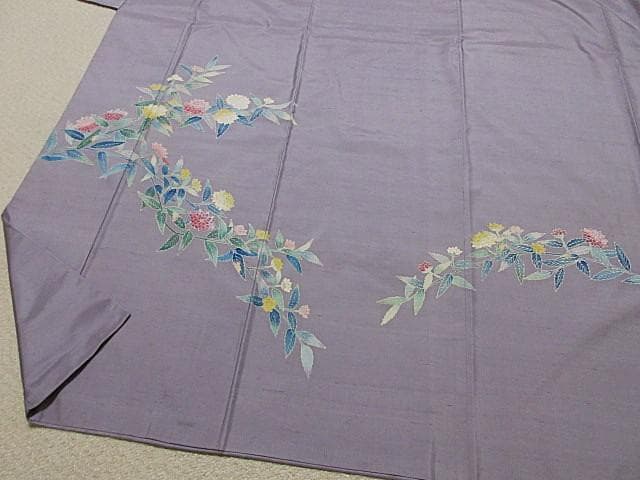 訪問着：本加賀友禅「西尾翠峰」花柄：藤色の白山紬：美品-袷正絹：P38