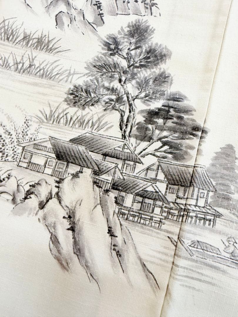 高級 訪問着 生紬 大和紬 ホワイト 水墨画 家屋 フォーマル