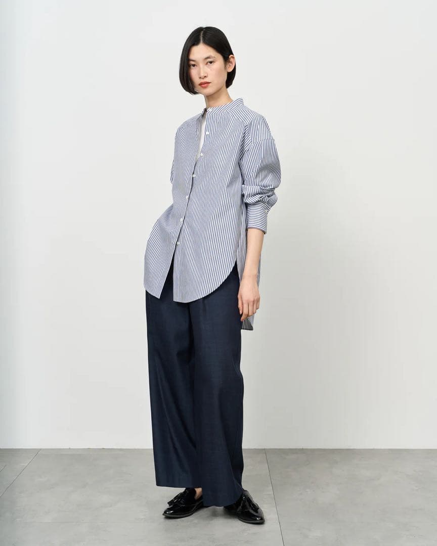 ソージュ ストライプ バンドカラー ロングシャツ ブルー ホワイト ゆったり